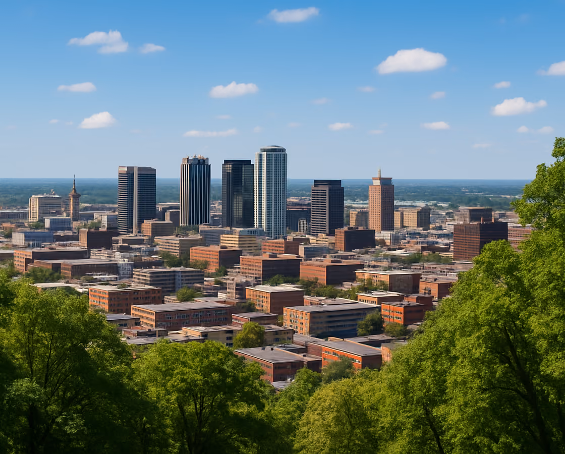 Downtown Birmingham, Alabama skyline seen from the slopes of Red Mountain with green trees in the foreground
