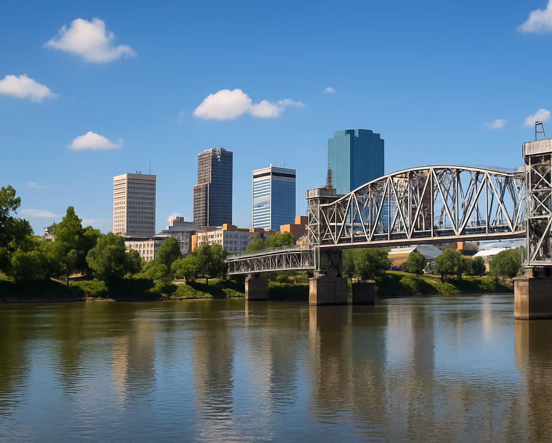 Little Rock, Arkansas skyline across the Arkansas River with the Junction Bridge