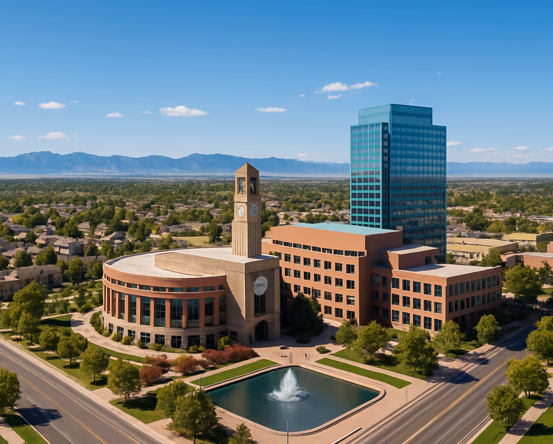 Aurora, Colorado municipal center and surrounding neighborhoods with the Rocky Mountain Front Range on the horizon