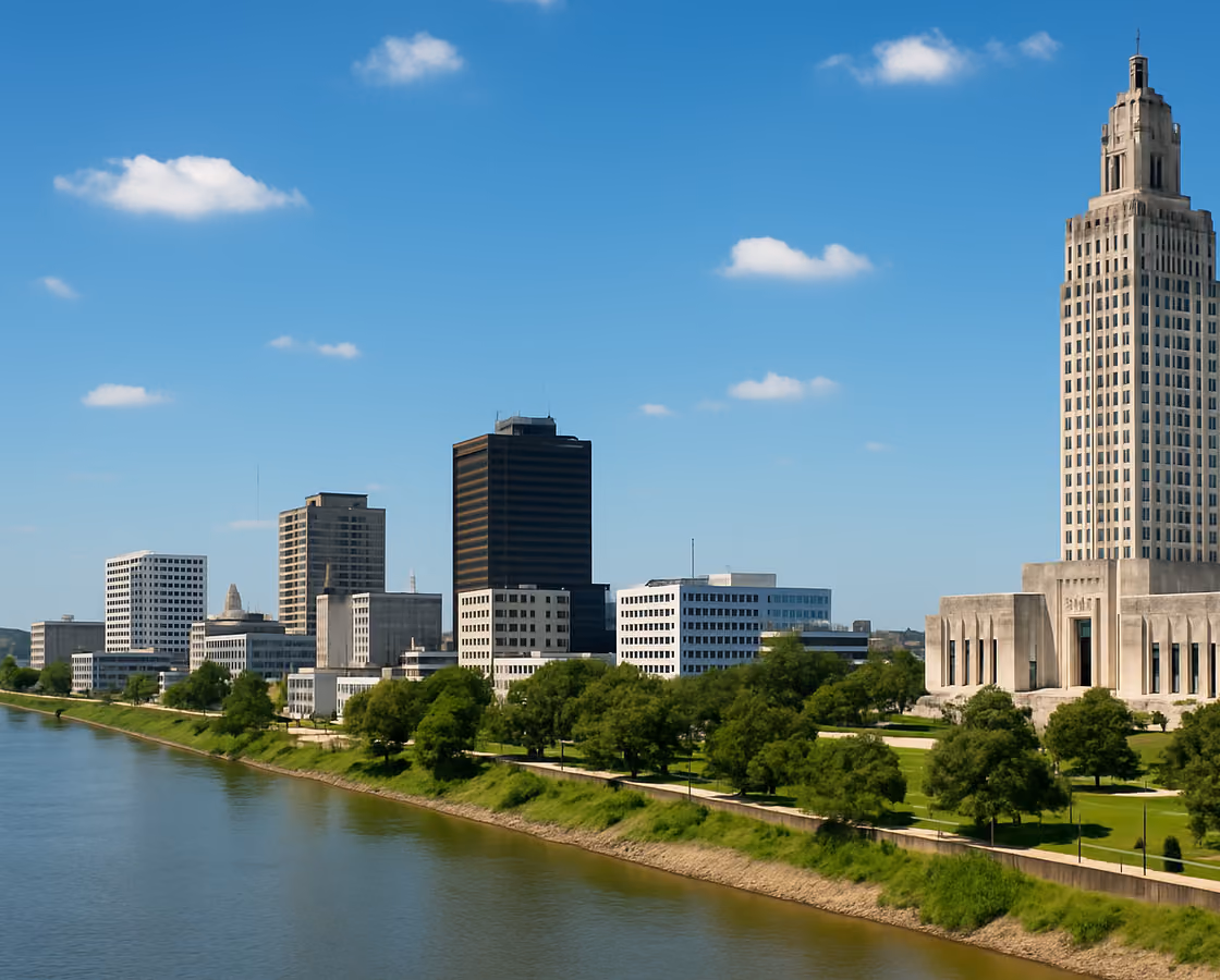 Downtown Baton Rouge, Louisiana skyline with the Louisiana State Capitol tower beside the Mississippi River