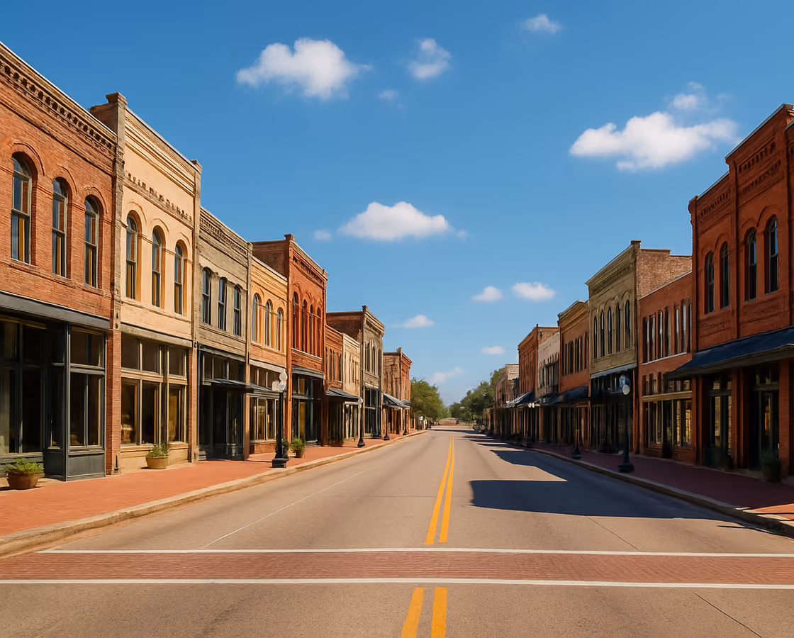 Historic downtown Bryan, Texas with its brick storefronts along Main Street
