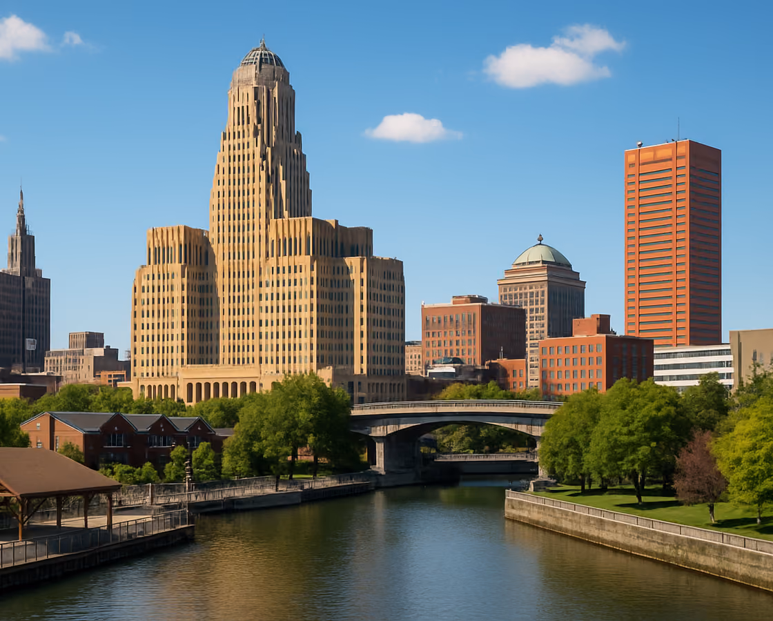 Downtown Buffalo, New York skyline with the Art Deco City Hall and Canalside waterfront