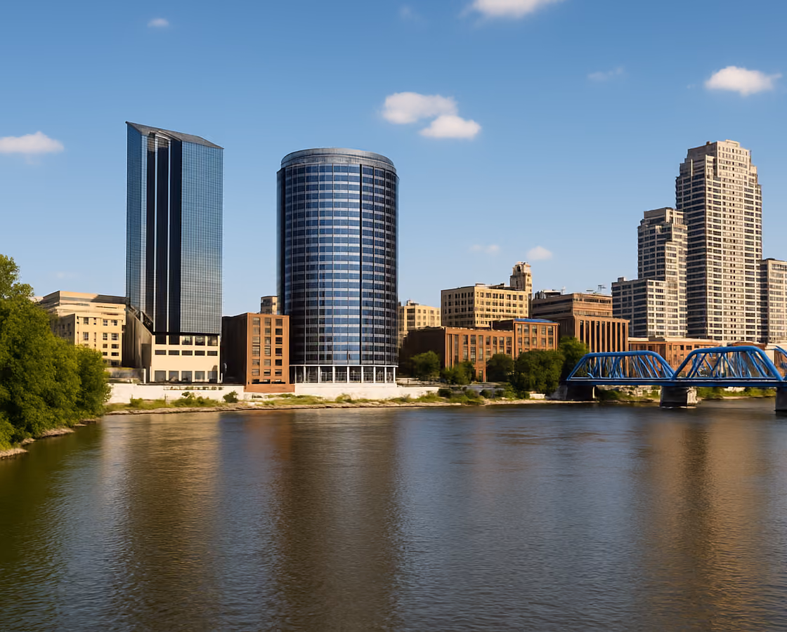 Grand Rapids, Michigan skyline along the Grand River, near Byron Center