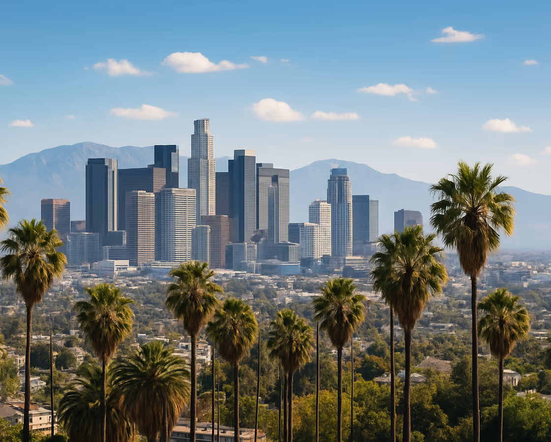 Downtown Los Angeles, California skyline with palm trees and the San Gabriel Mountains behind