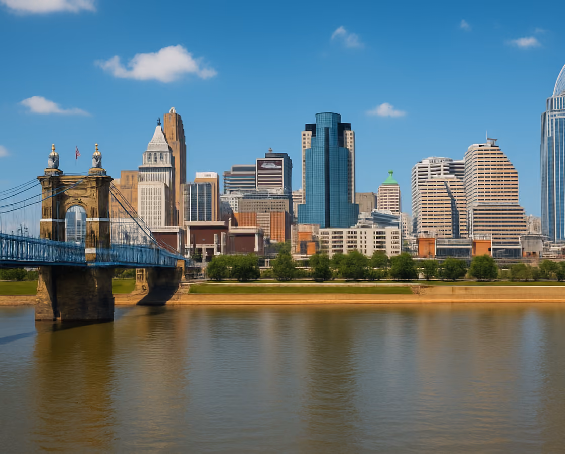 Cincinnati, Ohio skyline across the Ohio River with the Roebling Suspension Bridge