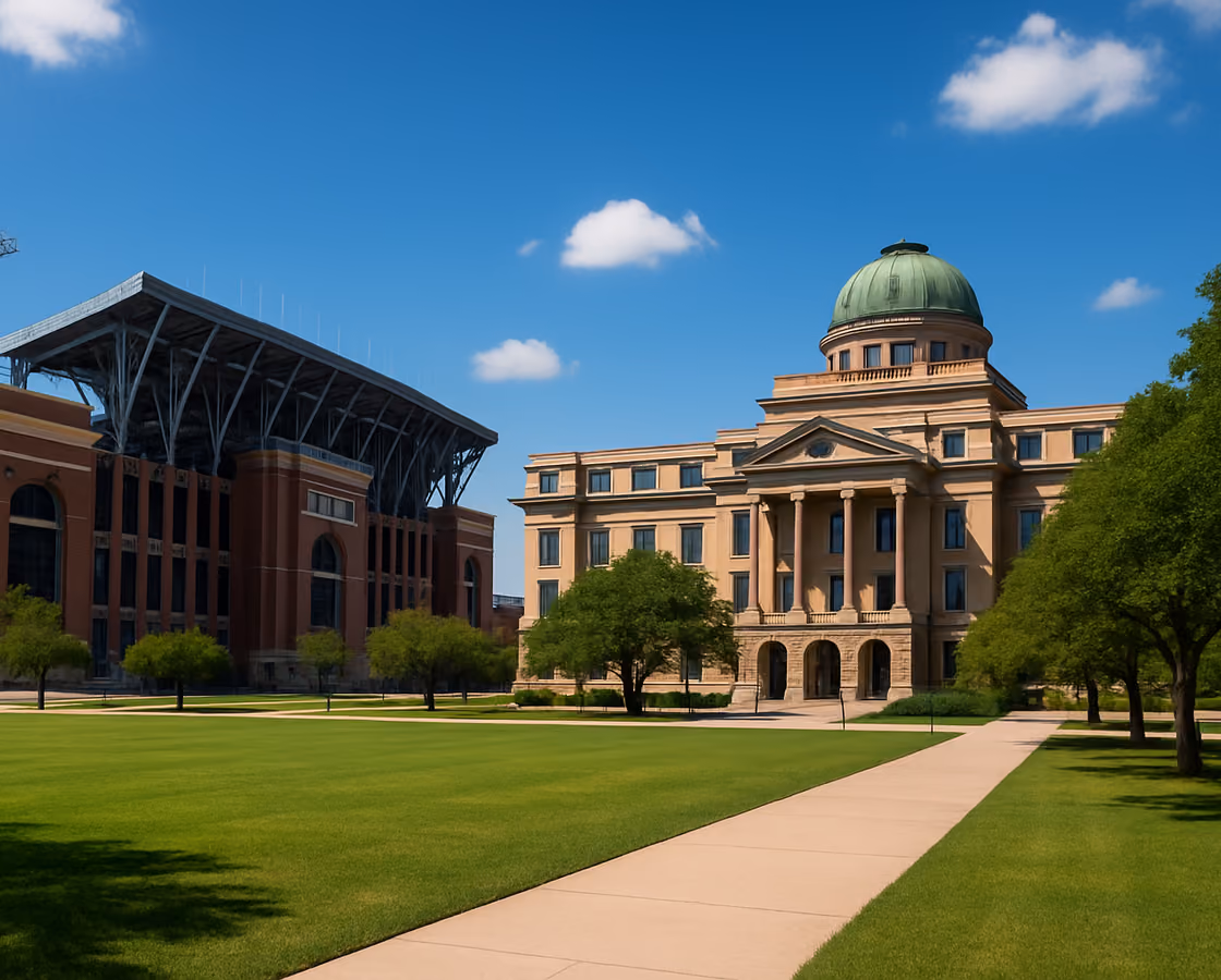 Texas A&M University campus in College Station, Texas with Kyle Field and the Academic Building