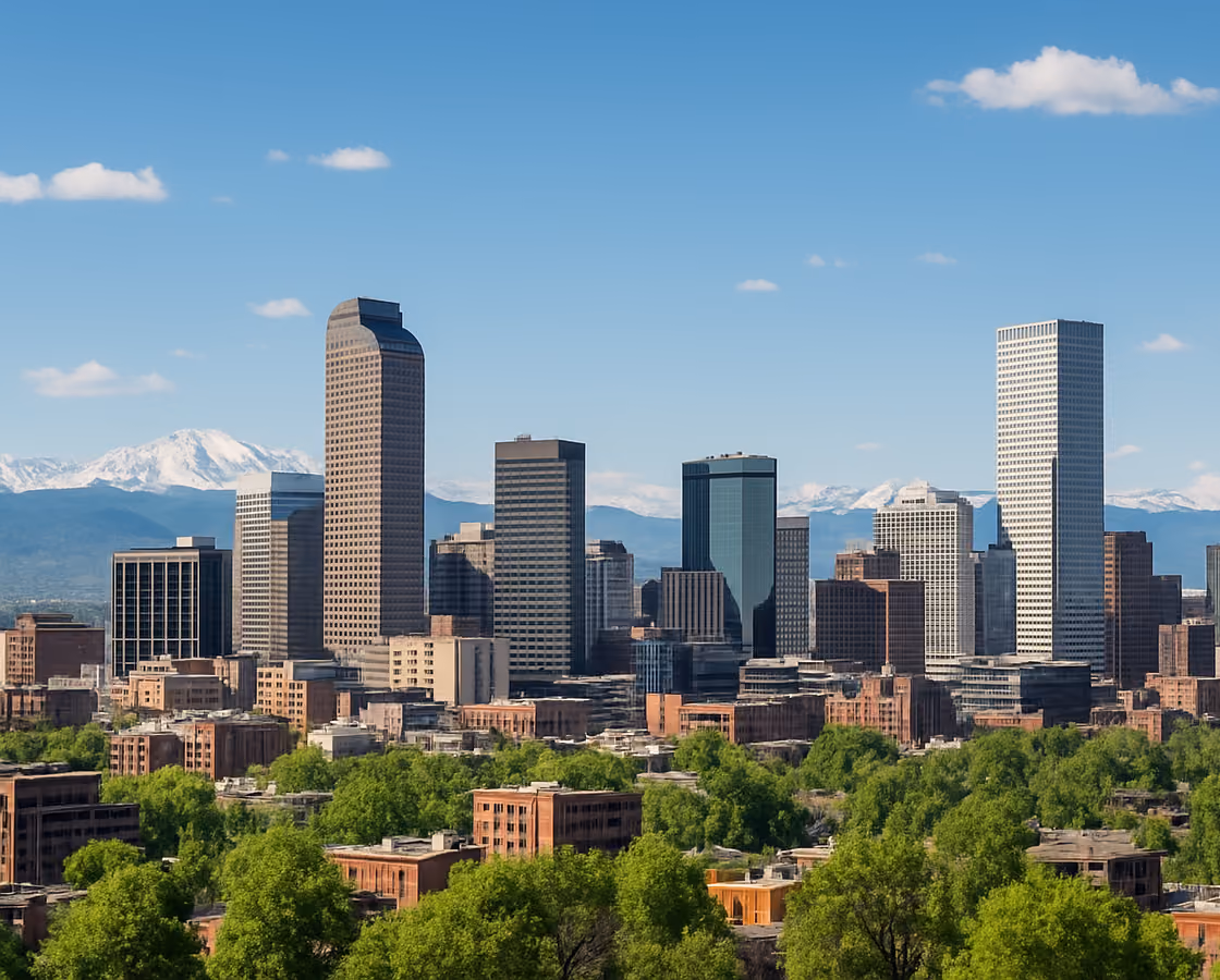 Downtown Denver, Colorado skyline with the snow-capped Rocky Mountains behind