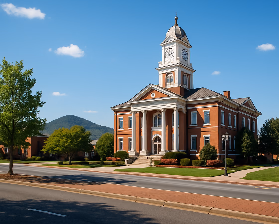 Historic Forsyth County courthouse square in Cumming, Georgia with Sawnee Mountain in the distance