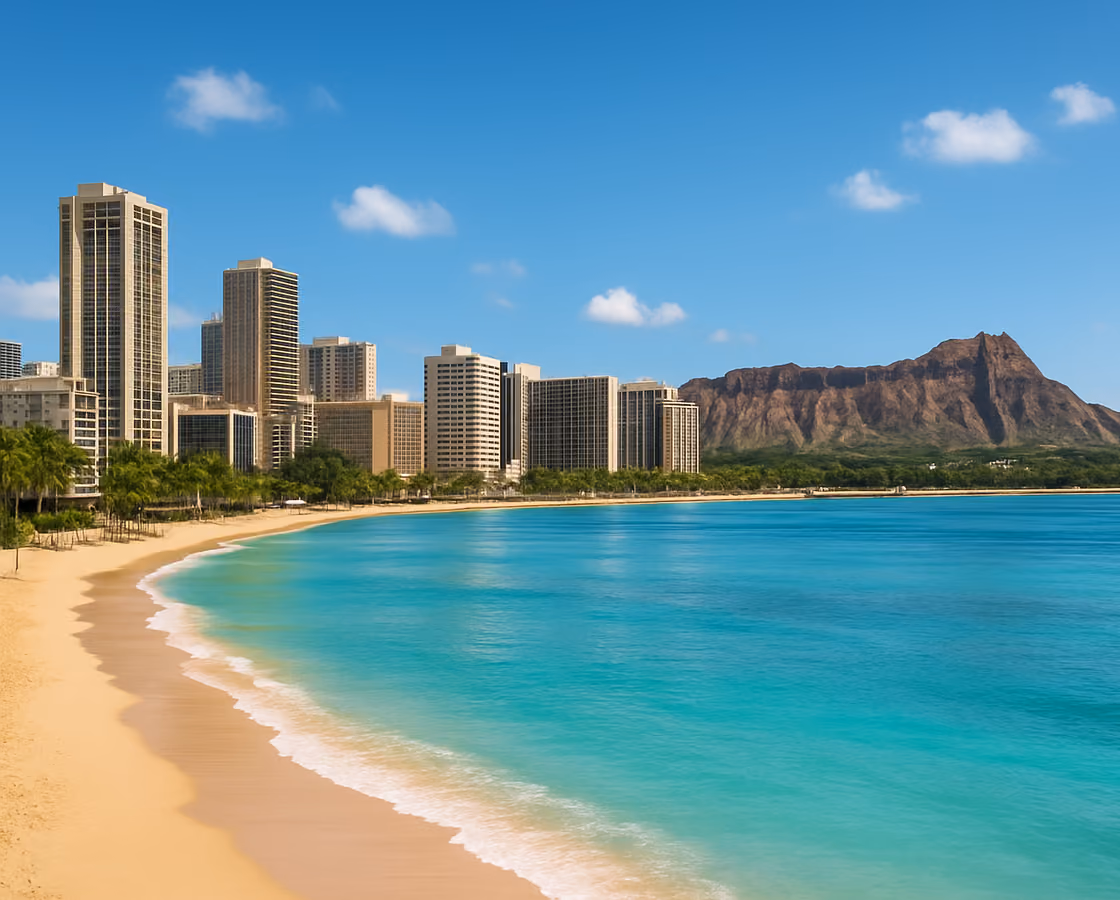 Honolulu, Hawaii skyline along Waikiki Beach with Diamond Head behind