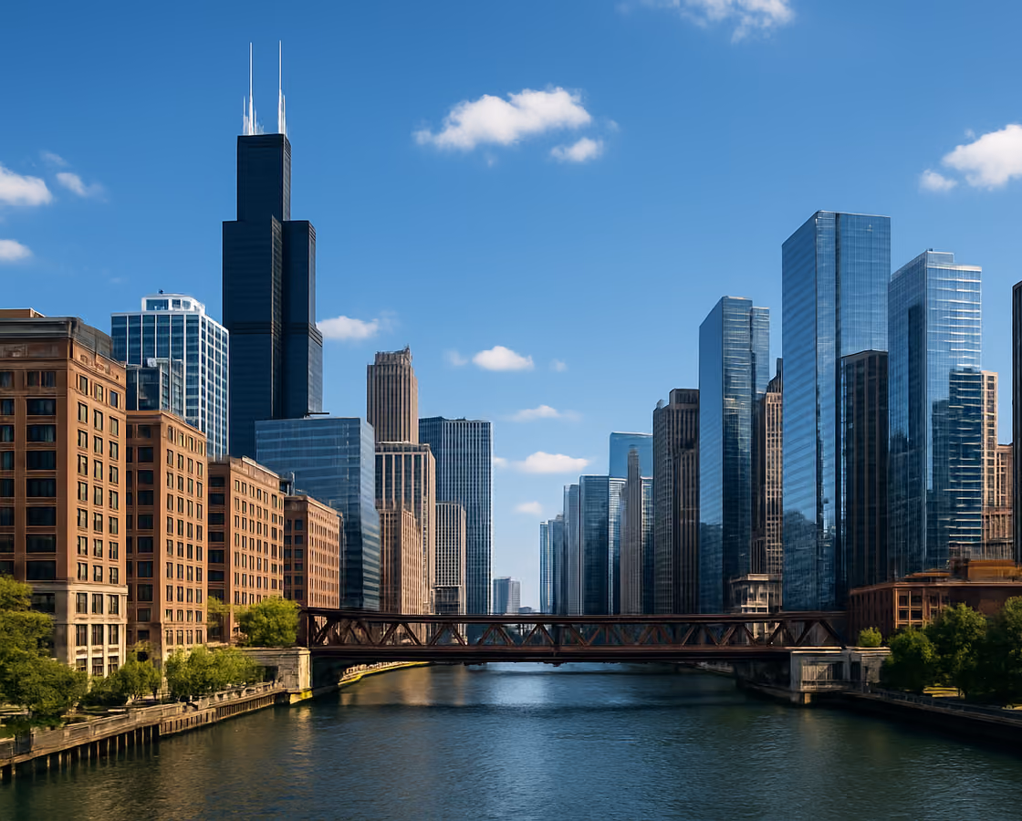 Chicago, Illinois skyline seen from the Chicago River with its bridges