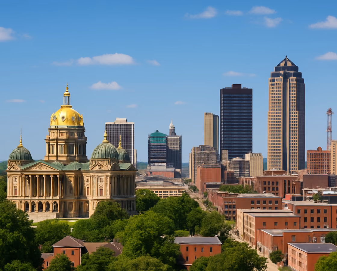 Downtown Des Moines, Iowa skyline with the gold-domed Iowa State Capitol