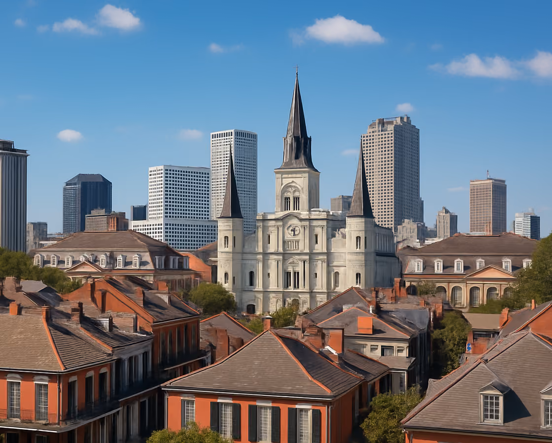 New Orleans, Louisiana skyline beyond the French Quarter rooftops and St. Louis Cathedral