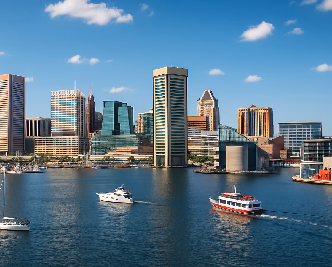Baltimore, Maryland skyline over the Inner Harbor with boats in the water