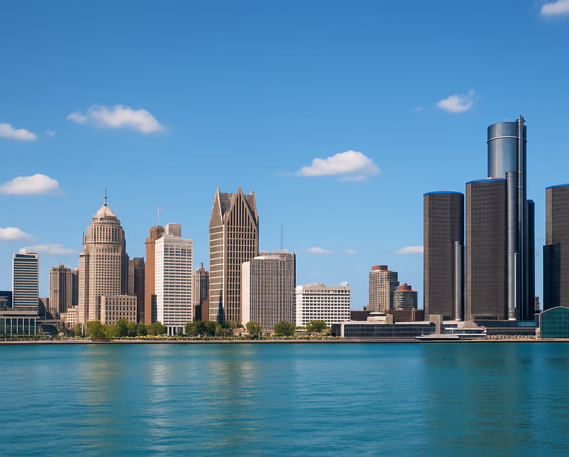 Detroit, Michigan skyline along the Detroit River with the Renaissance Center