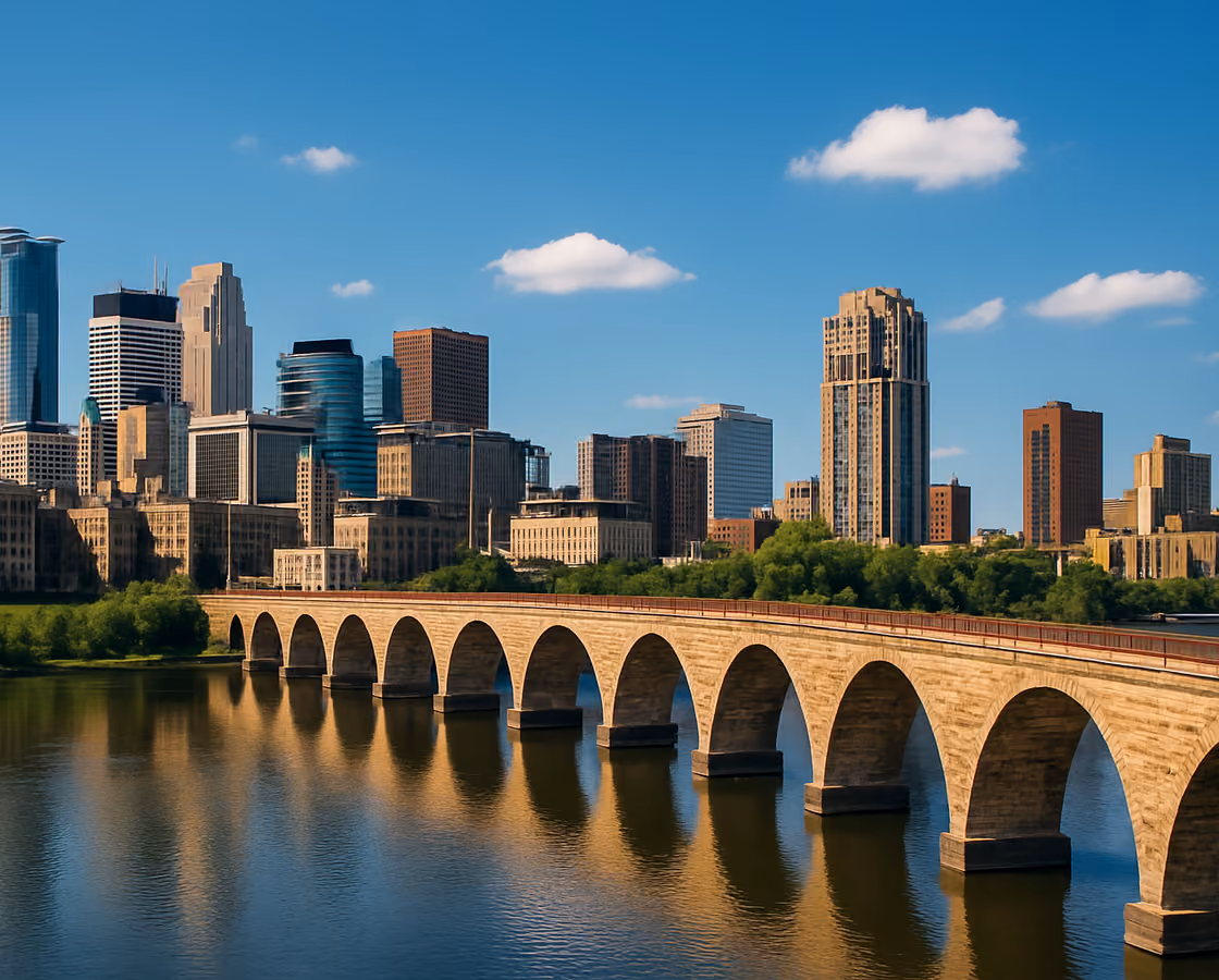 Minneapolis, Minnesota skyline across the Mississippi River with the Stone Arch Bridge