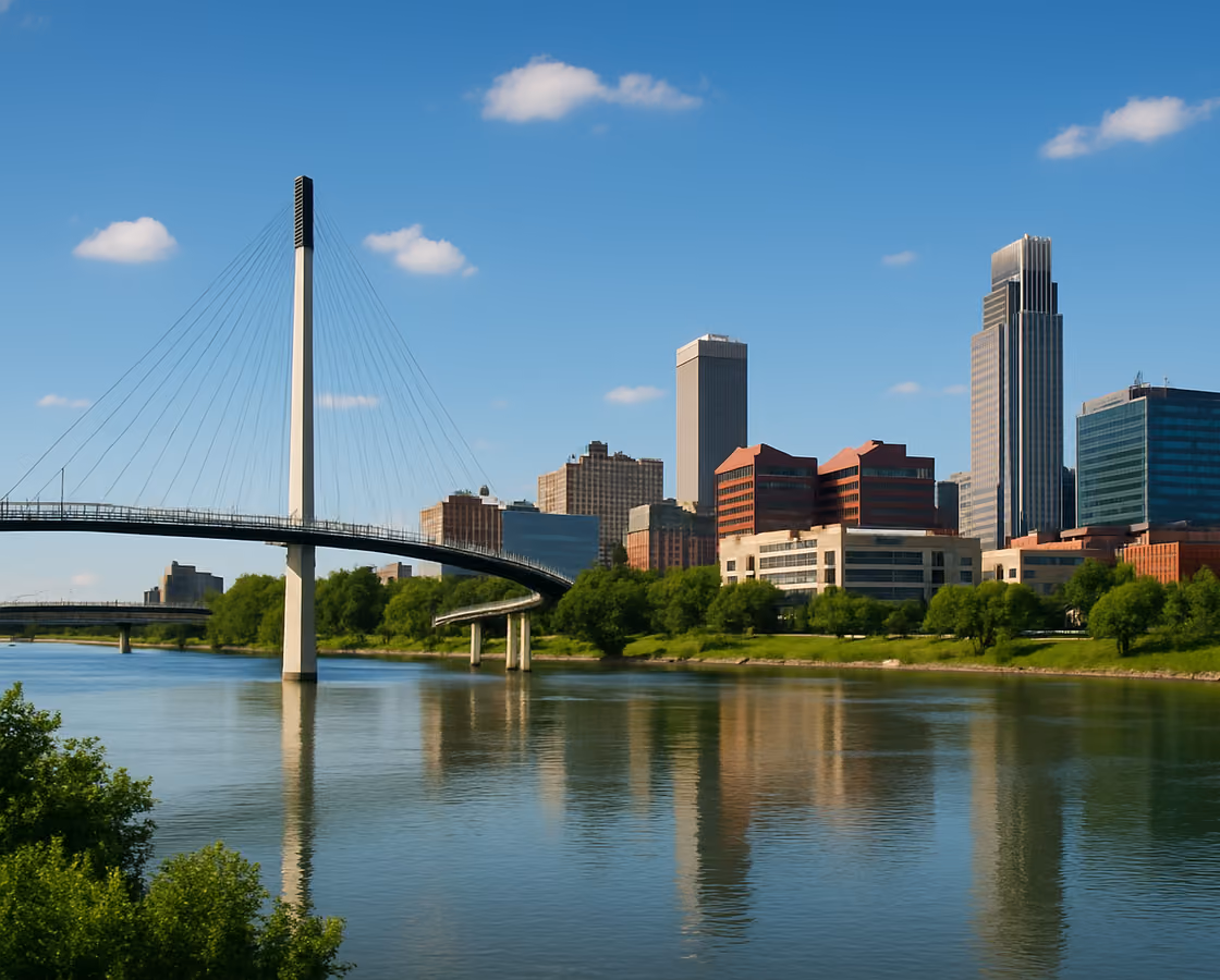 Downtown Omaha, Nebraska skyline across the Missouri River with the Bob Kerrey Pedestrian Bridge
