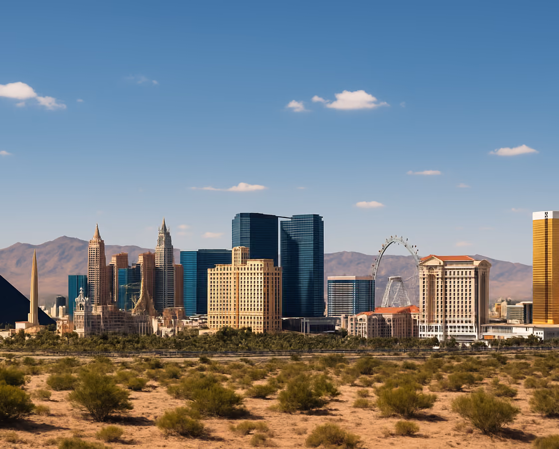 Las Vegas, Nevada Strip skyline with desert mountains behind, in daylight