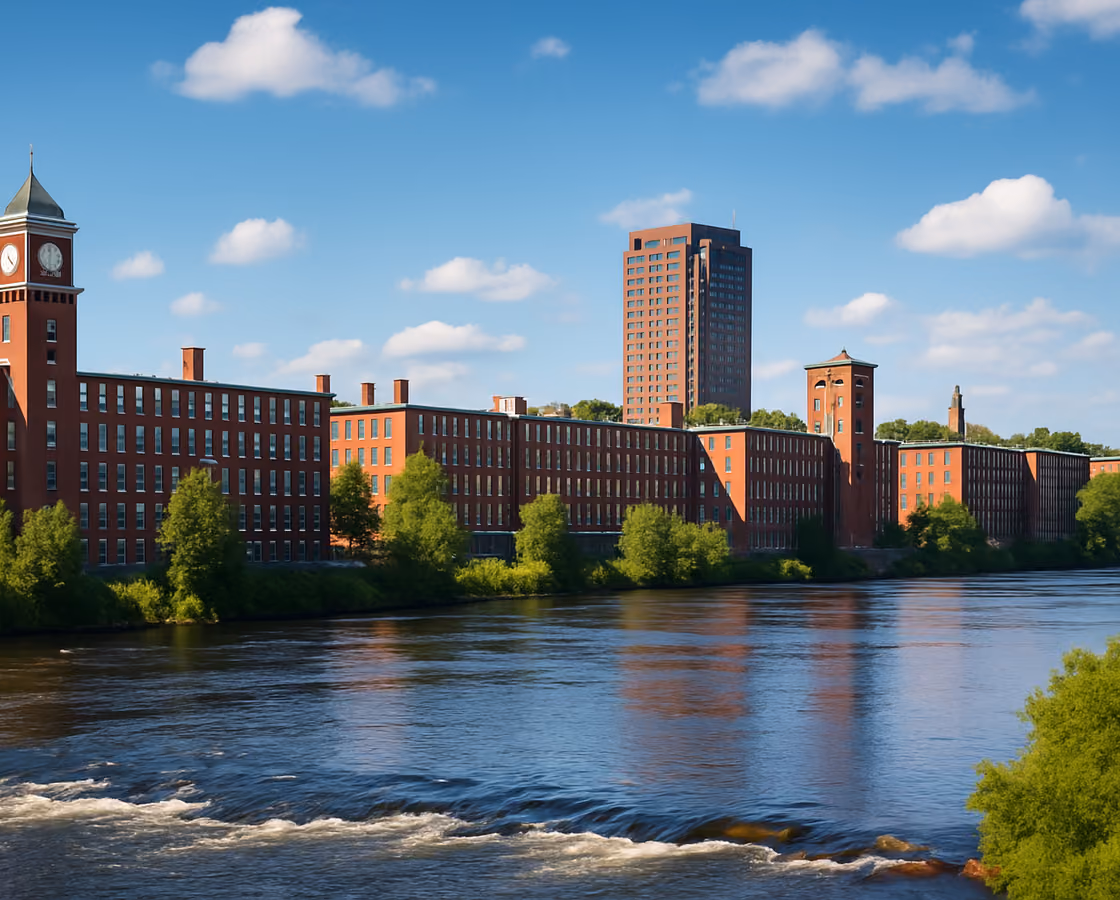 Manchester, New Hampshire skyline with the historic Millyard brick mills along the Merrimack River
