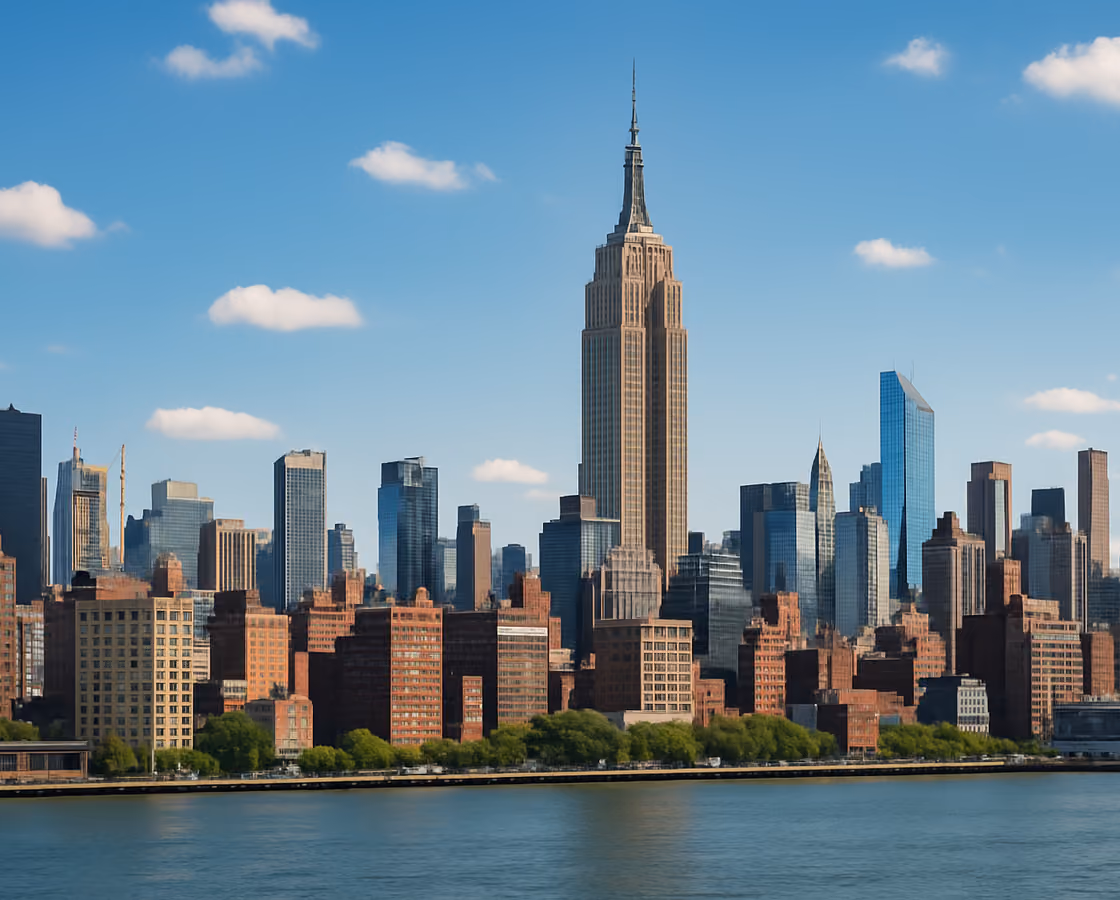 Manhattan, New York City skyline with the Empire State Building seen from across the Hudson River
