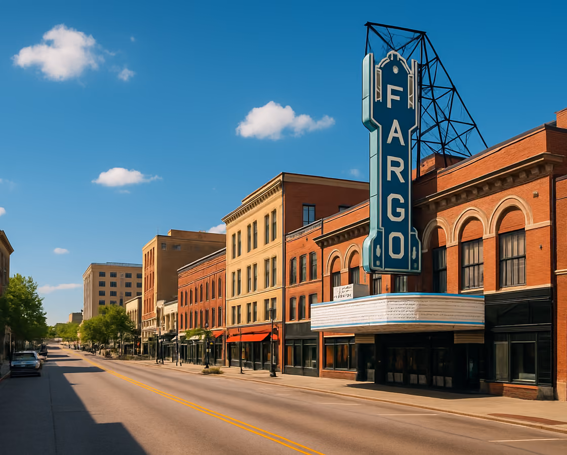 Downtown Fargo, North Dakota along Broadway with the historic Fargo Theatre marquee