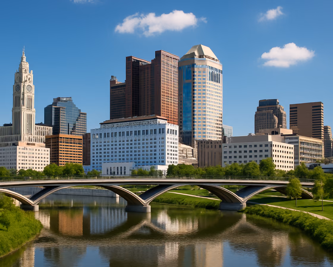Downtown Columbus, Ohio skyline across the Scioto River from the Scioto Mile