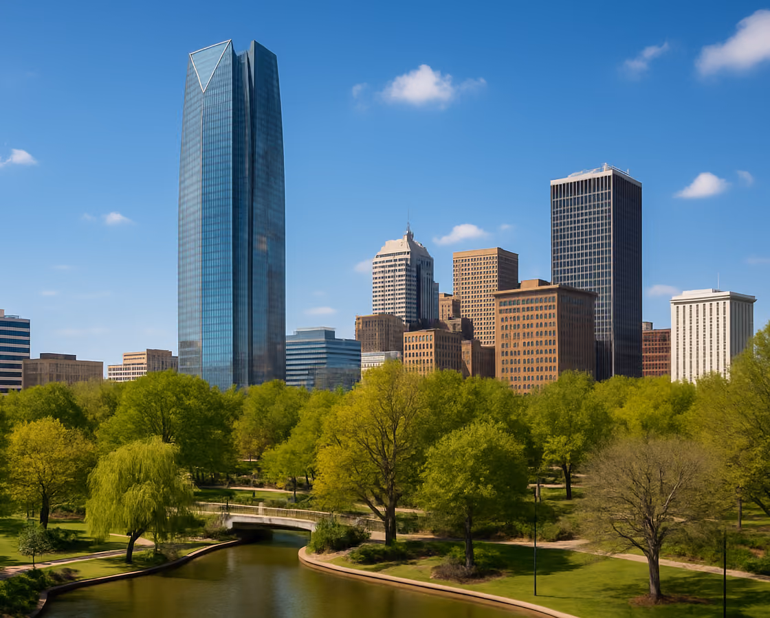 Downtown Oklahoma City, Oklahoma skyline with the Devon Tower seen from the Myriad Botanical Gardens