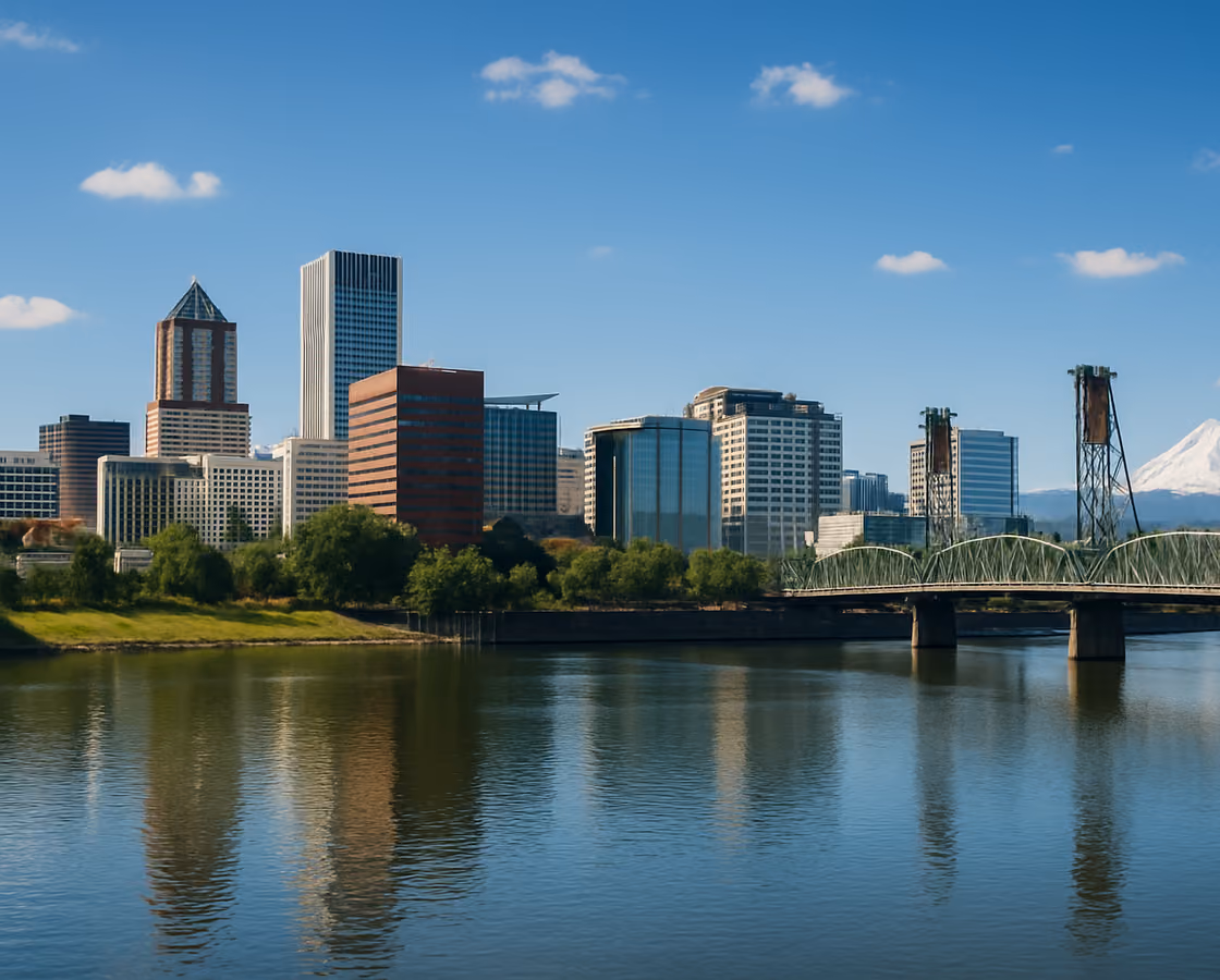 Downtown Portland, Oregon skyline across the Willamette River with the Hawthorne Bridge and Mount Hood in the distance