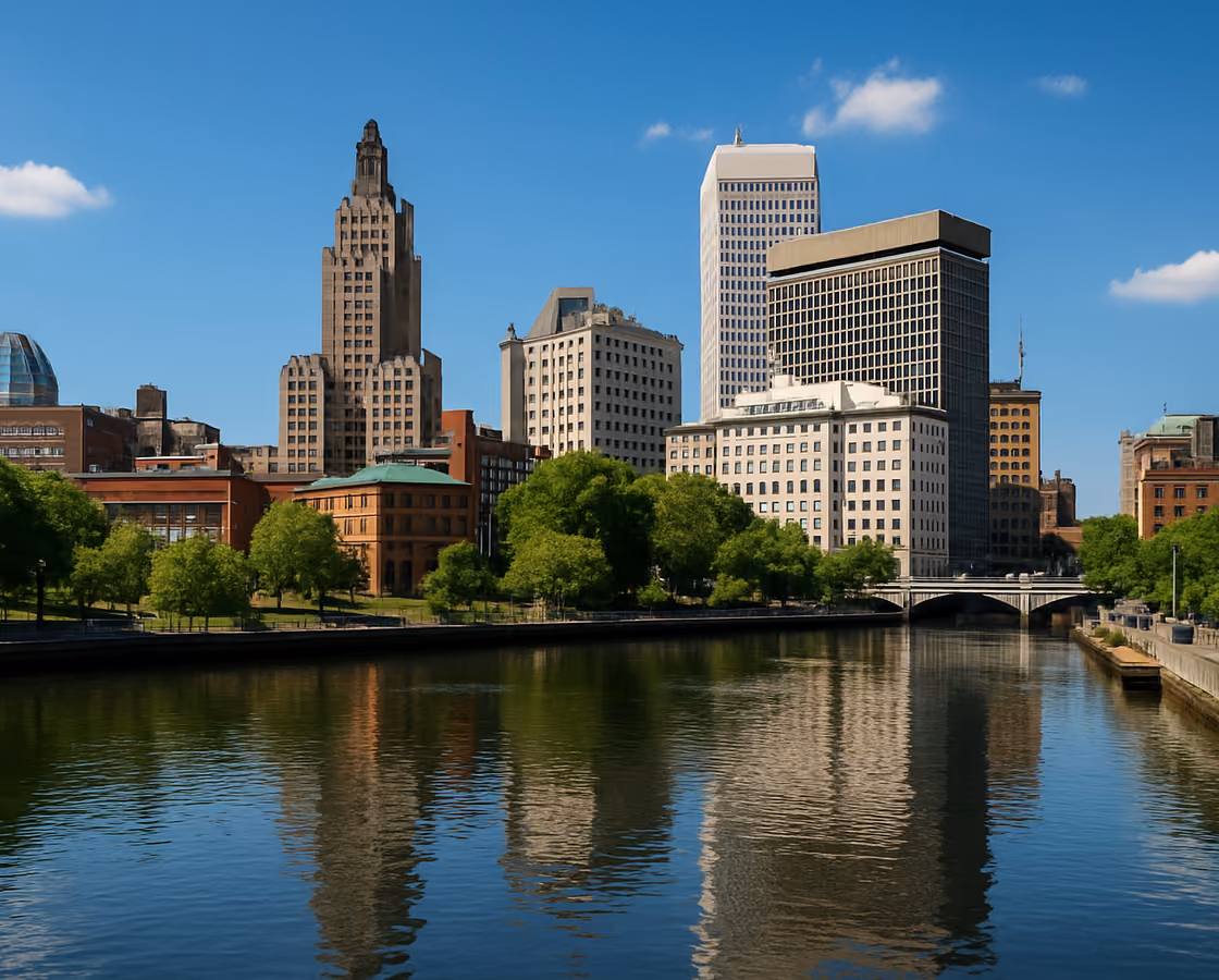 Downtown Providence, Rhode Island skyline over the Providence River with the Superman Building