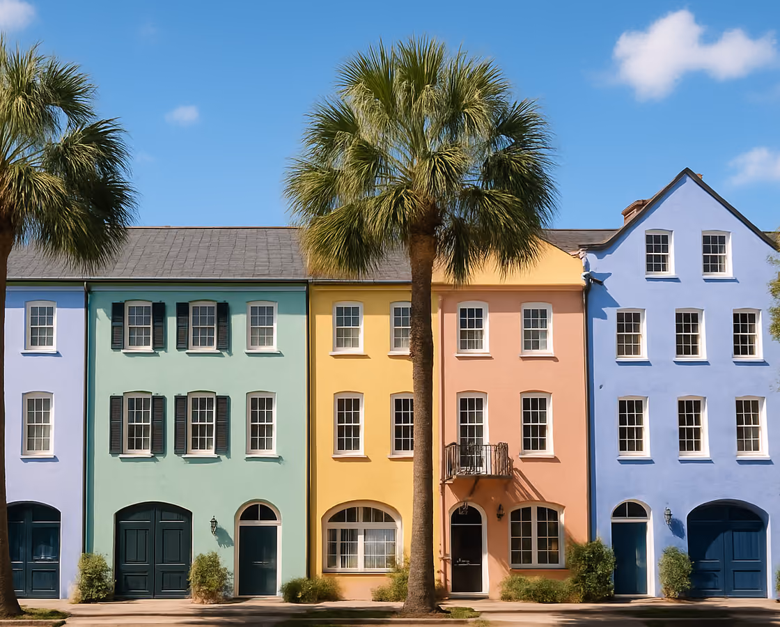 Pastel Rainbow Row houses in historic Charleston, South Carolina with palmetto trees