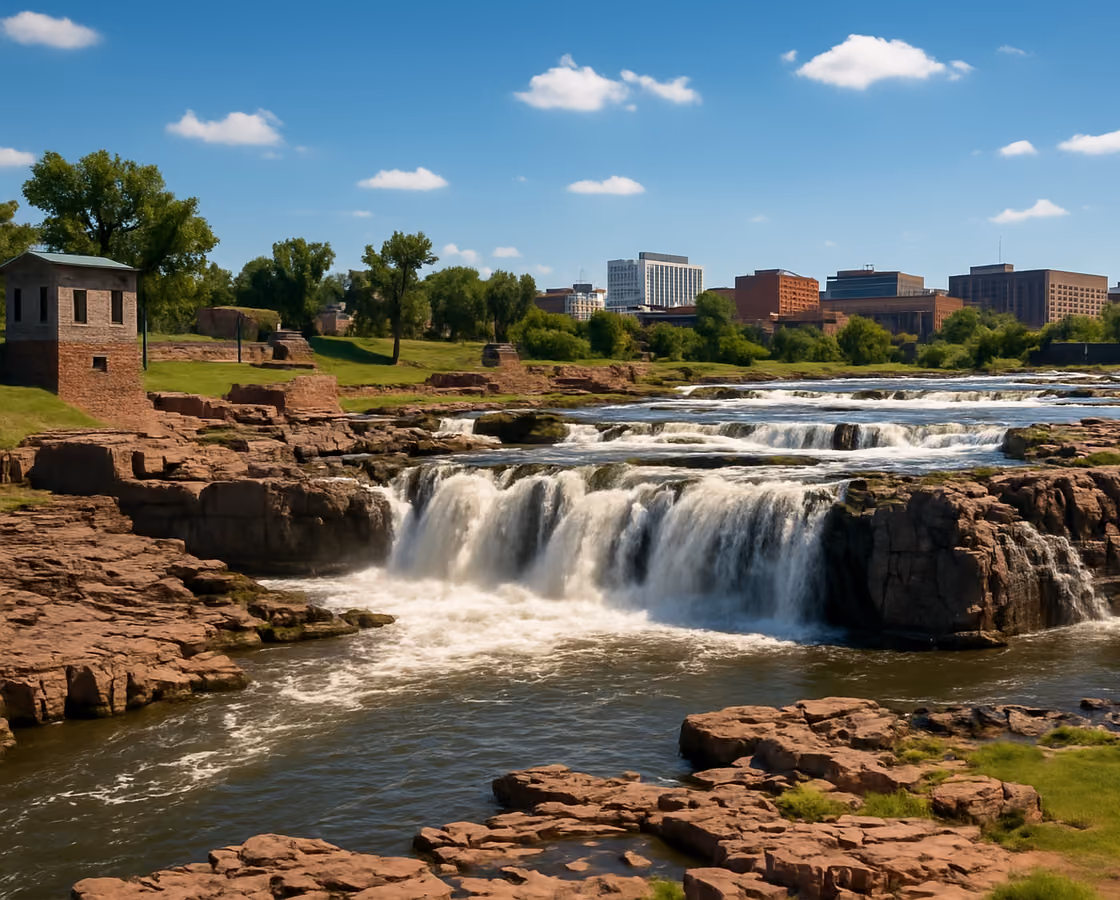 Waterfalls of the Big Sioux River at Falls Park in Sioux Falls, South Dakota with the downtown skyline behind