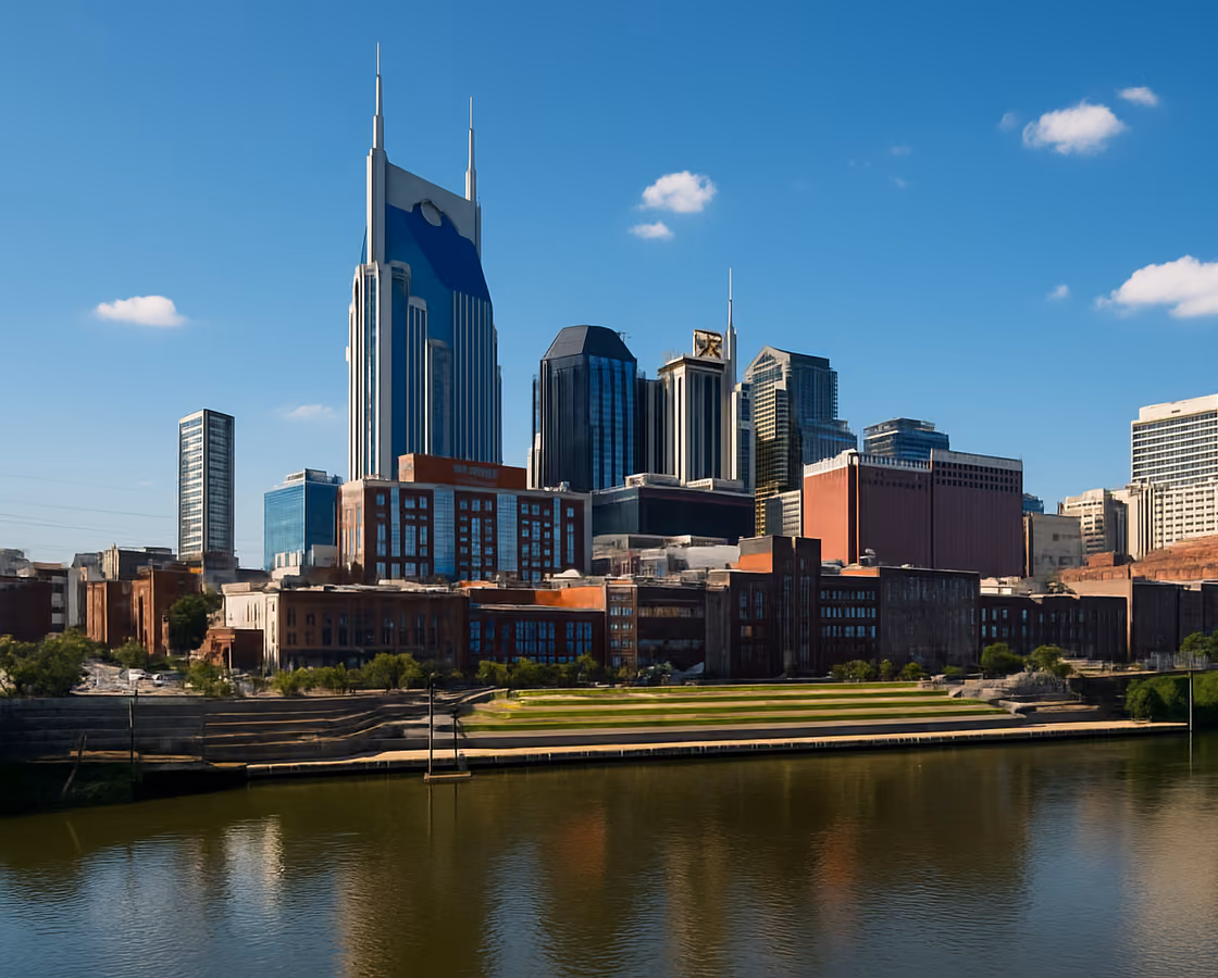 Nashville, Tennessee skyline across the Cumberland River with the Batman Building