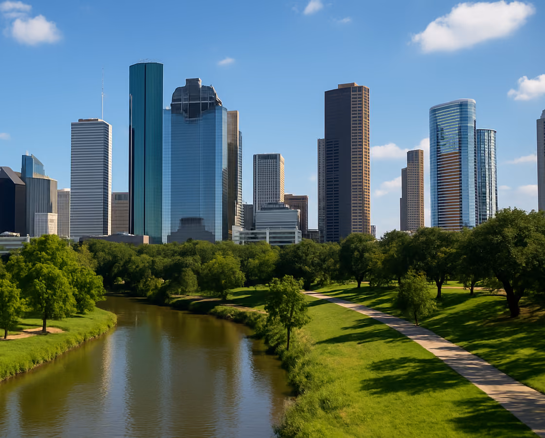 Downtown Houston, Texas skyline seen from Buffalo Bayou Park