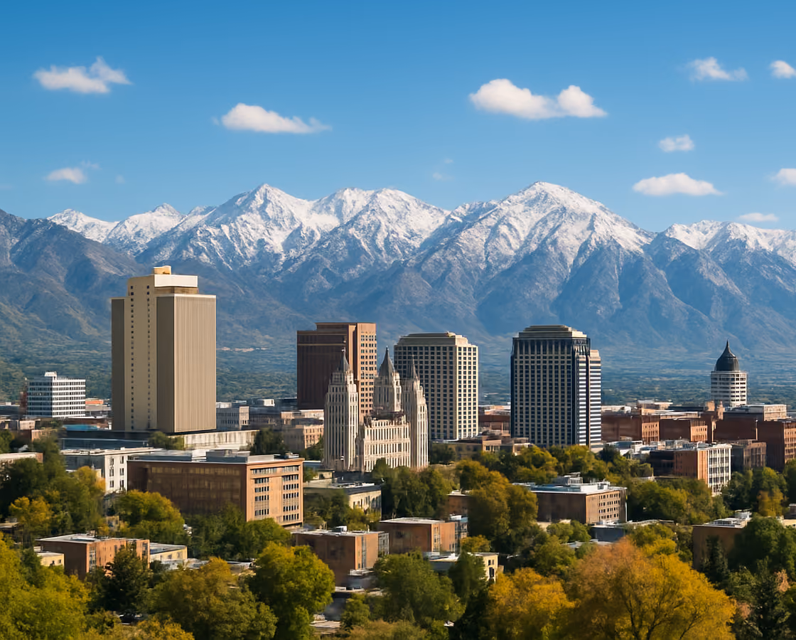 Salt Lake City, Utah skyline with the snow-capped Wasatch Mountains behind