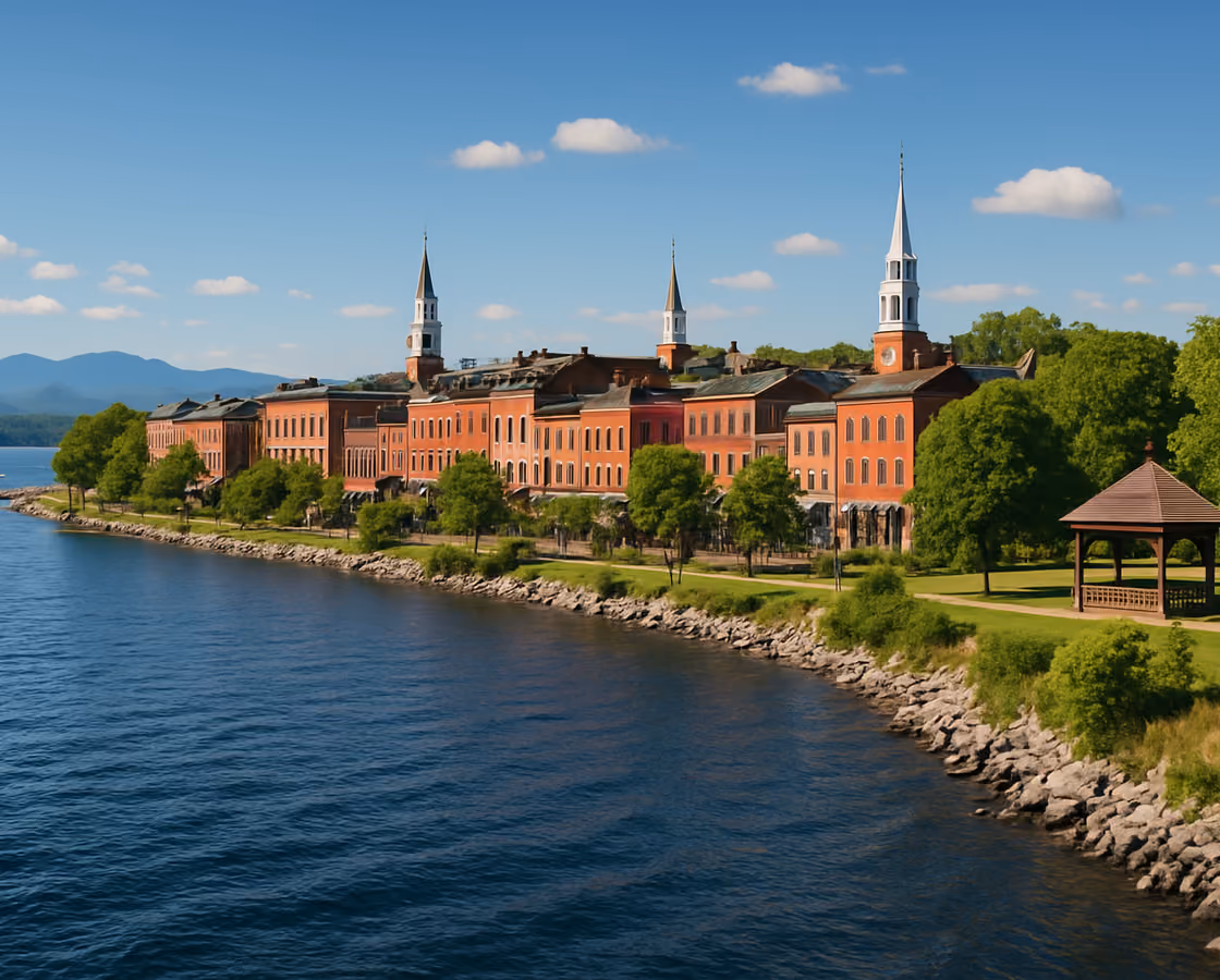 Burlington, Vermont waterfront on Lake Champlain with Church Street brick buildings and the Adirondacks across the lake