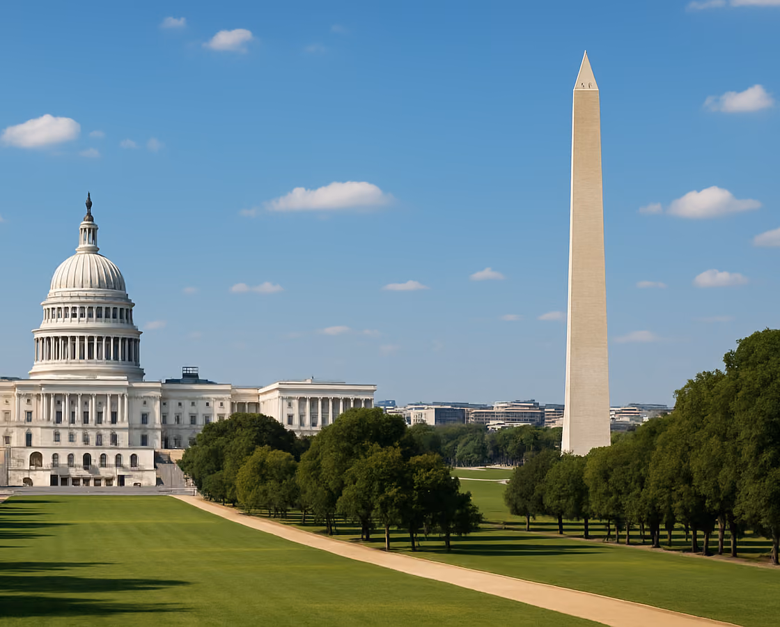 Washington, DC skyline with the U.S. Capitol dome and the Washington Monument on the National Mall
