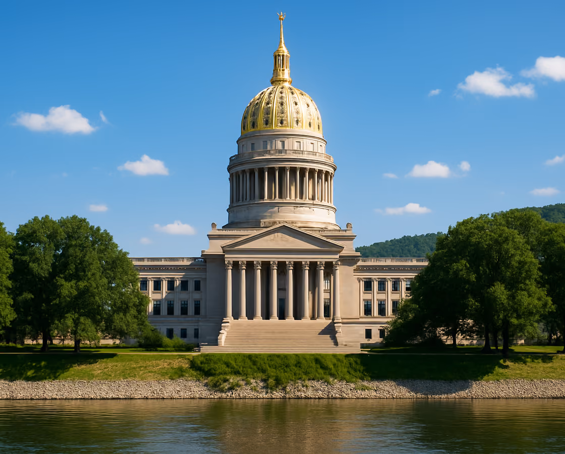Gold-domed West Virginia State Capitol on the Kanawha River in Charleston, West Virginia