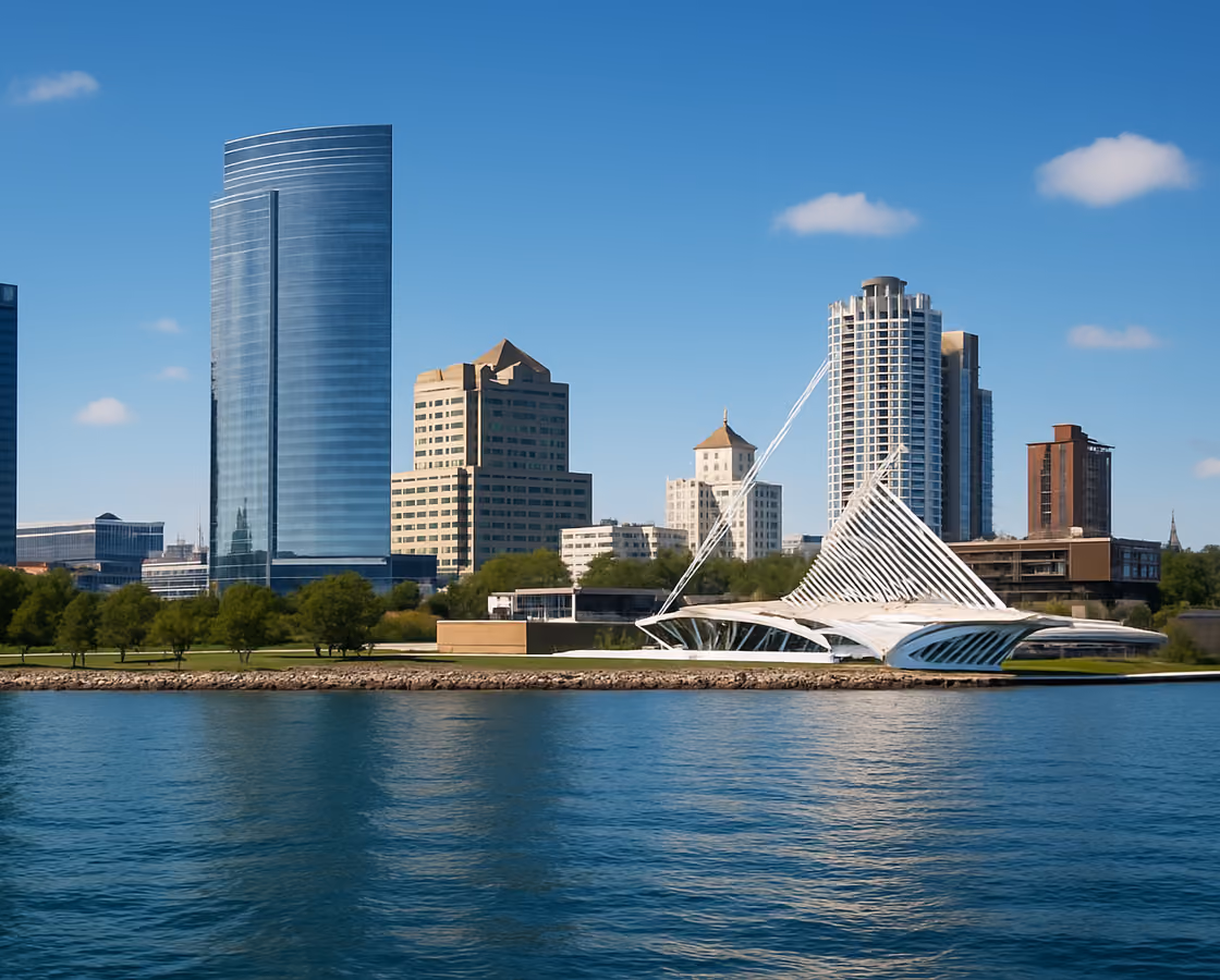 Downtown Milwaukee, Wisconsin skyline along the Lake Michigan lakefront with the Milwaukee Art Museum
