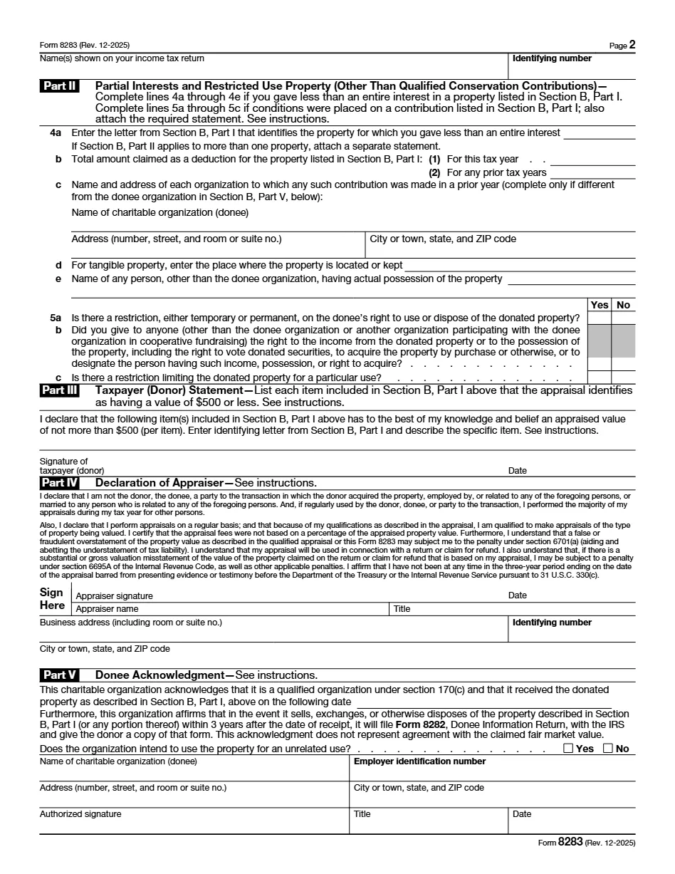 Page two of IRS Form 8283, carrying Part IV, the Declaration of Appraiser