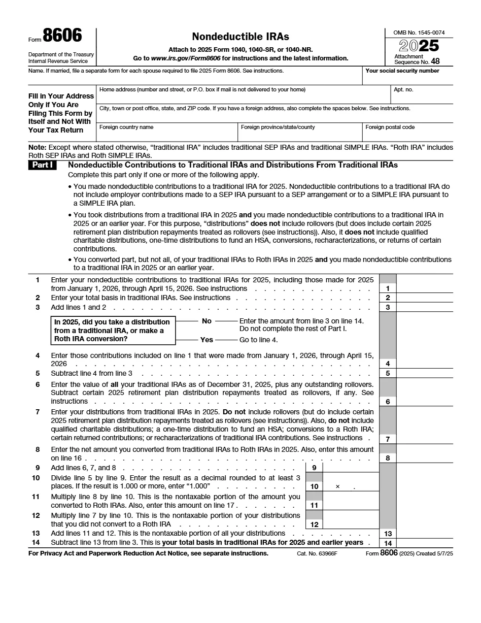 The top of IRS Form 8606, Nondeductible IRAs