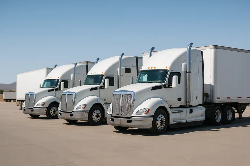 A line of white sleeper cab road tractors and dry van trailers parked in a yard under a clear sky