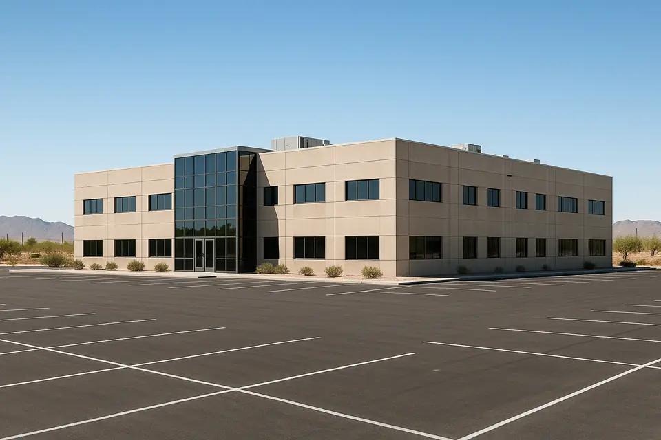 A low rise light industrial building with a glass entrance and a clear blue sky above it, seen from the parking lot in daylight
