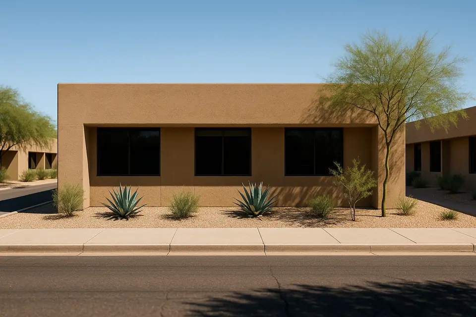 A small single story office building with plain stucco walls and desert planting in front, in bright Arizona daylight