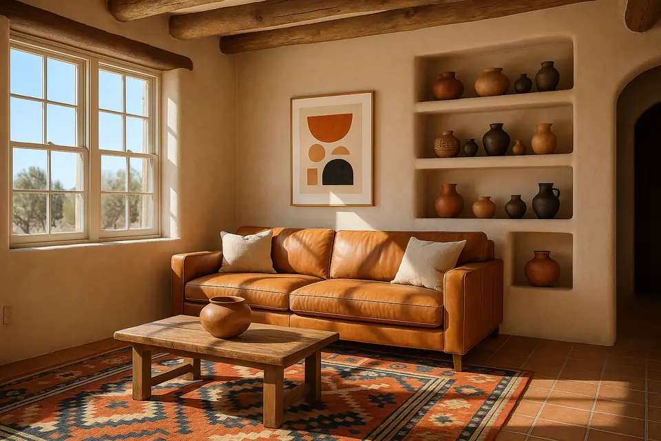 Southwestern living room with a leather sofa, pottery, woven rug and framed art on the walls