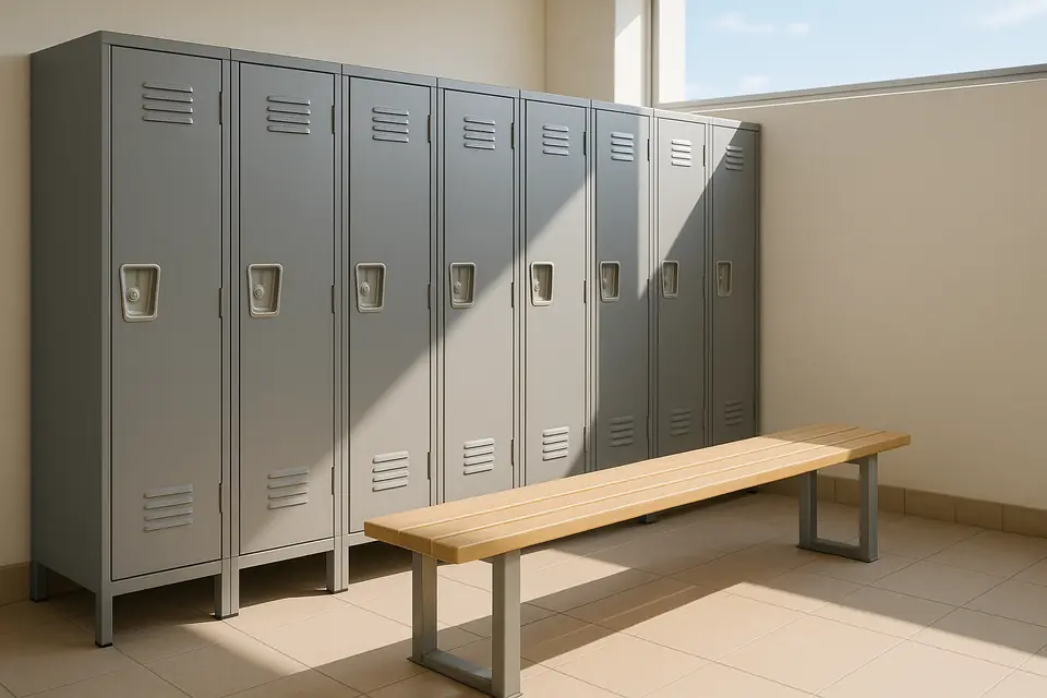 Row of new metal athletic lockers with wooden bench seating in a bright, empty locker room