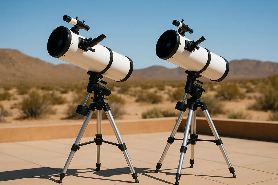 Two white reflector telescopes on tripod mounts standing on a sunlit patio under a clear sky