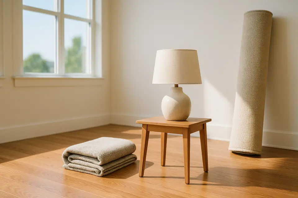 A table lamp, a folded blanket, a wooden side table, and a rolled rug gathered in a bright empty room