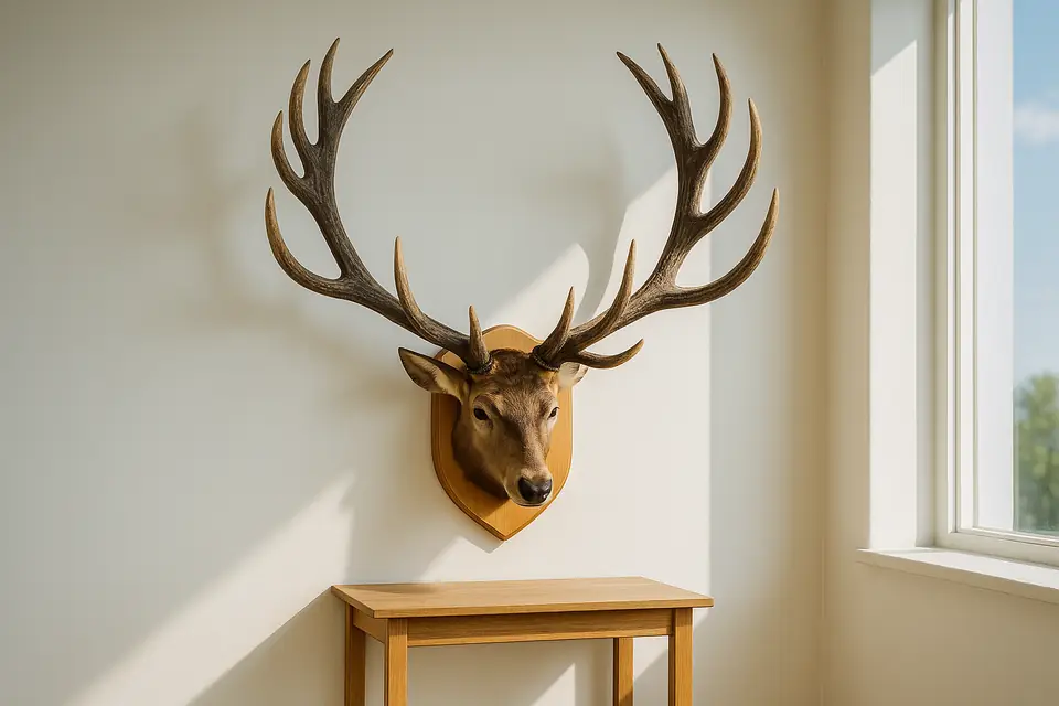 A mounted deer head on a wooden plaque hanging on a pale wall above a small wooden table