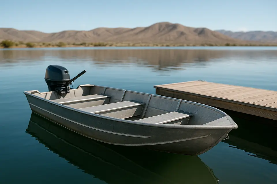 Small aluminum fishing boat with an outboard motor tied at a sunlit lake dock
