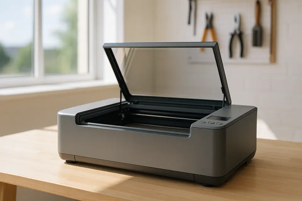 Grey benchtop laser cutting machine with its lid raised, on a wooden workbench in a bright workshop