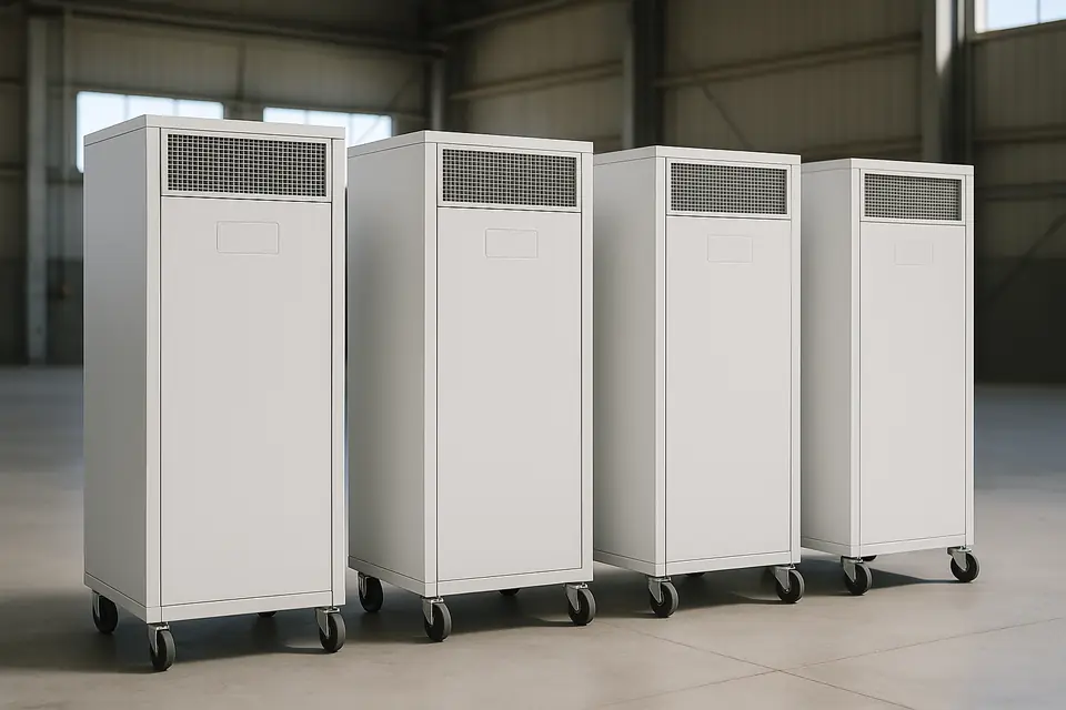 Row of tall white mobile air filtration cabinets on castors in a clean empty warehouse